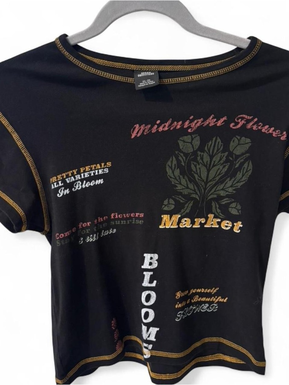 Urban Outfitters Black Tee with Olive & Gold Floral Graphics